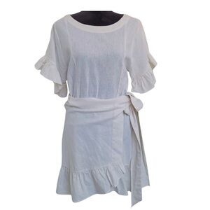 Socialite Size XL Ruffle Flare Sleeve Wrap Tie Linen Blend Dress – Cream